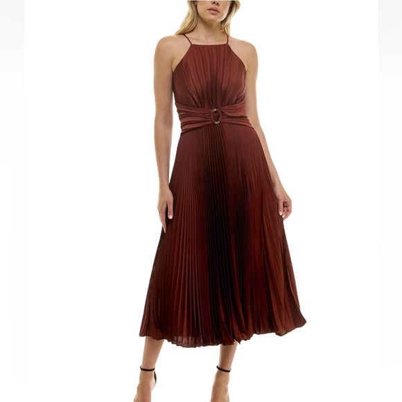 TAYLOR Womens Halter Belted Pleated Satin Midi Dress Spice Brown 8 - Picture 9 of 9